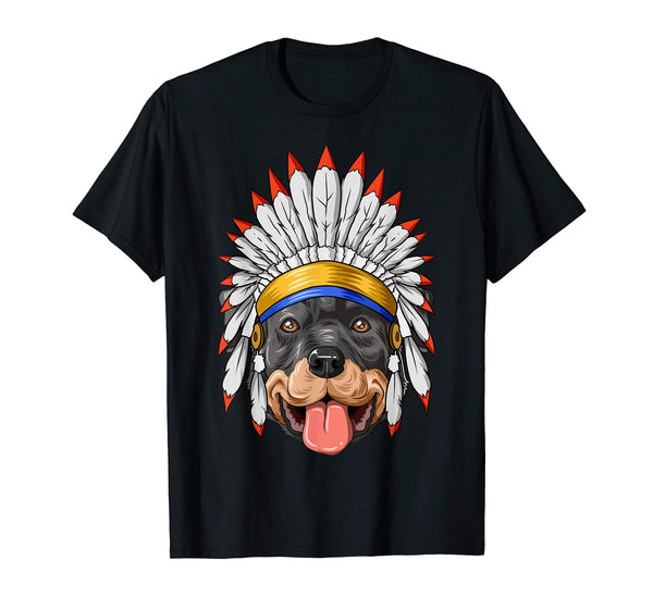 Native Indian American Rottweiler Feather Headdress T-Shirt