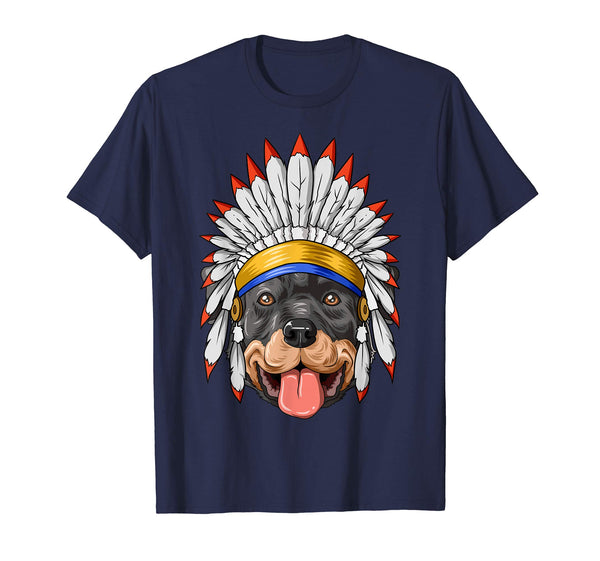 Native Indian American Rottweiler Feather Headdress T-Shirt