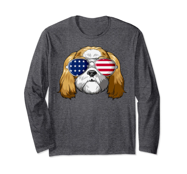 Patriotic Shih Tzu American Flag Glasses 4th July Shih Tzu Long Sleeve T-Shirt
