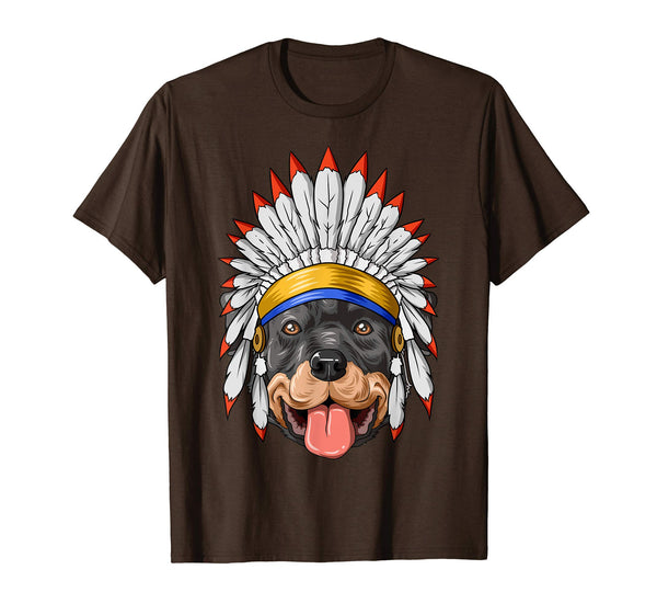 Native Indian American Rottweiler Feather Headdress T-Shirt