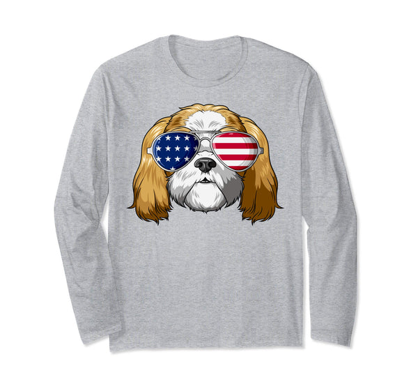 Patriotic Shih Tzu American Flag Glasses 4th July Shih Tzu Long Sleeve T-Shirt